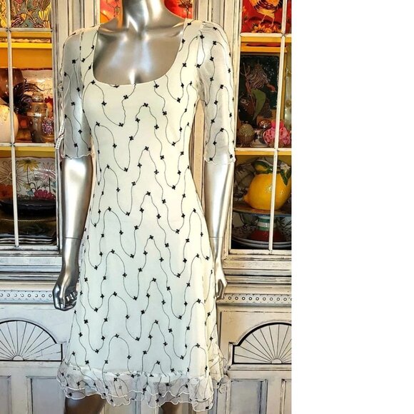 Vintage Betsey Johnson New York 90s Embroidered White Mesh Lace Slip Dress S - Picture 2 of 12